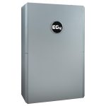 EG4 WallMount All Weather Battery mounted on an exterior wall, showcasing its rugged, weatherproof design and LCD touchscreen interface