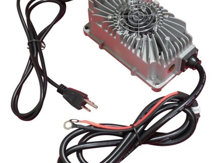 EG4 12V 15A Battery Charger plugged into 120V wall outlet for lithium battery charging