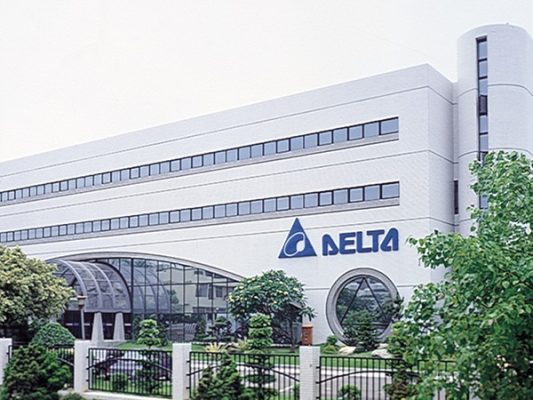 Delta Electronics logo and energy-efficient solutions display